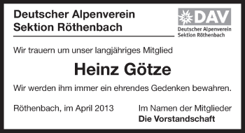 Traueranzeige von Heinz Goetze von Pegnitz-Zeitung